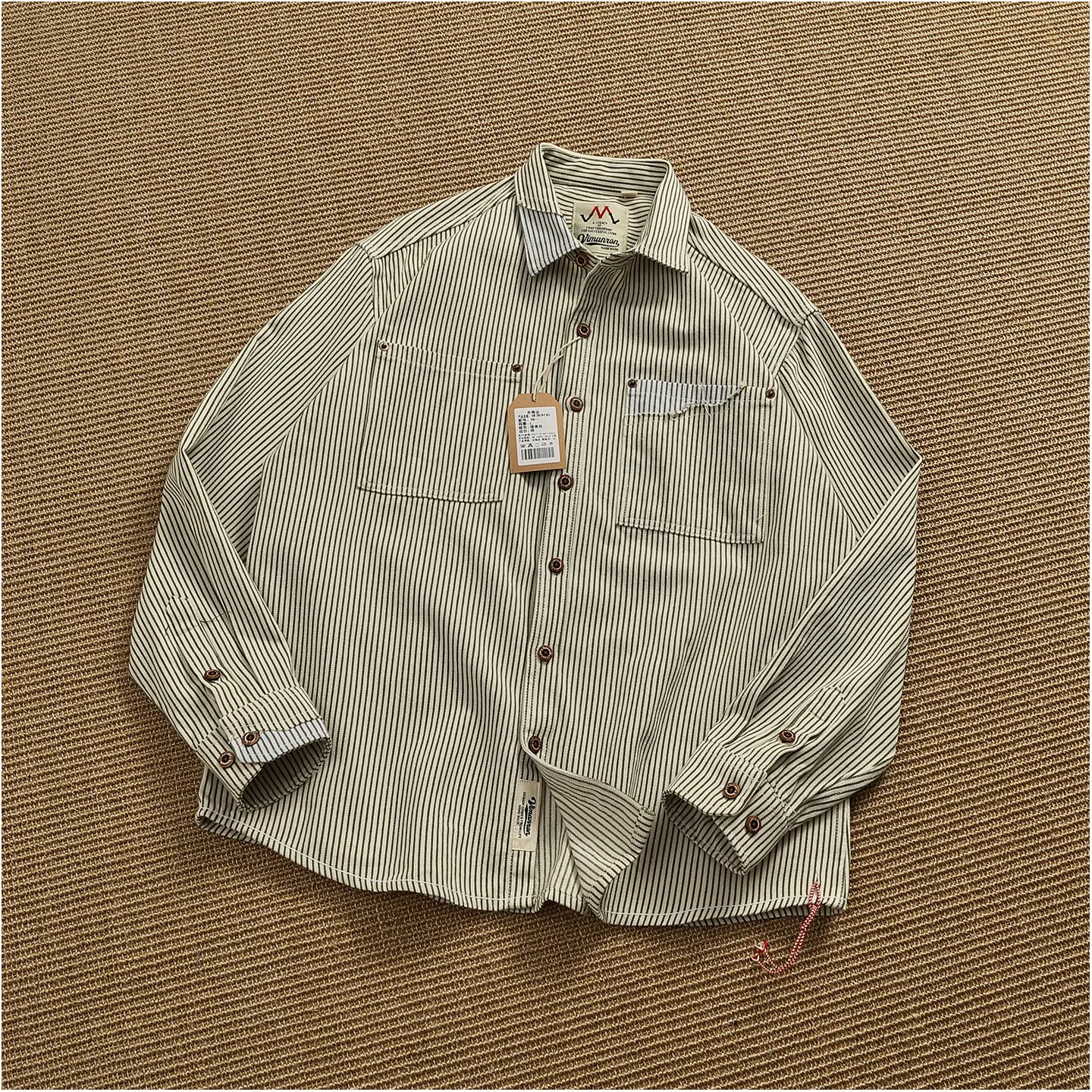 Ami khaki retro distressed striped shirt men's Japanese workwear pure cotton long-sleeved shirt casual loose jacket