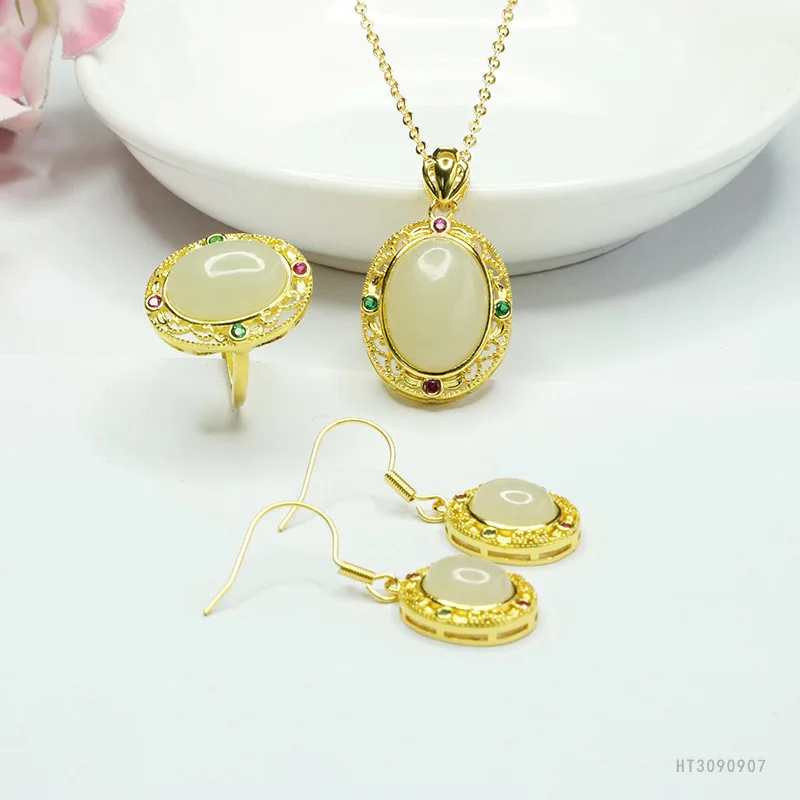 

Natural Hetian Jade Jewelry Set Pendant Earrings Ring Trio Gift HT3090907