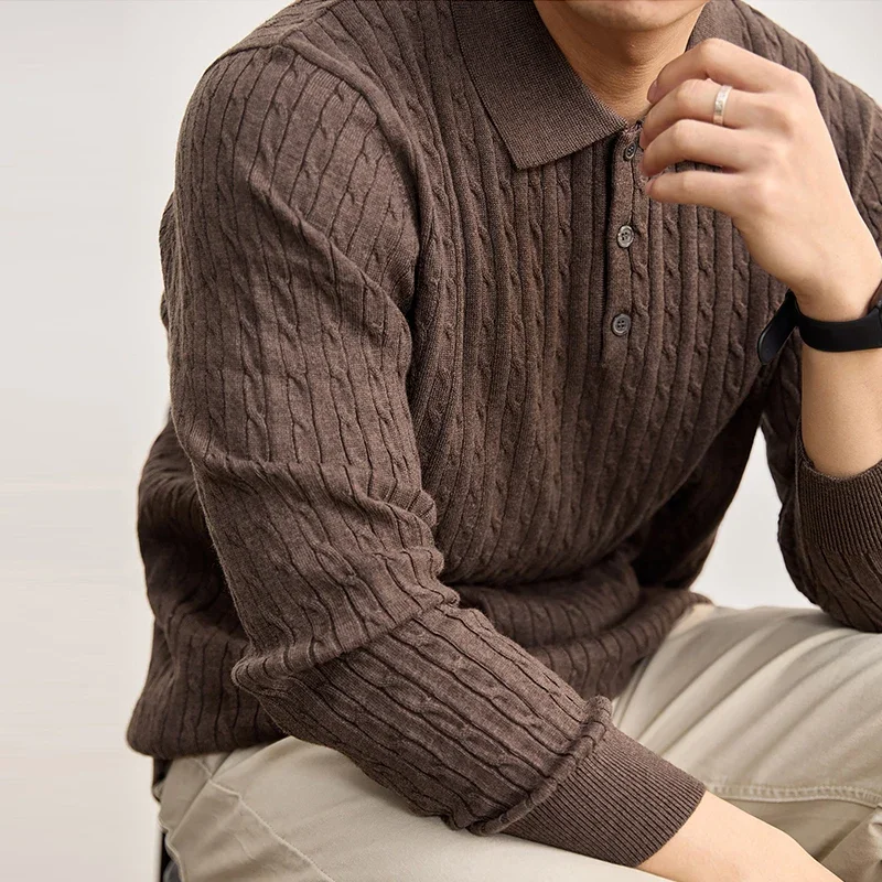 Men Vintage Cable Twist Textured Knit Long Sleeve Polo Shirts Lapel Collar 3 Buttons Soft Skin Friendly Cotton Business Tops