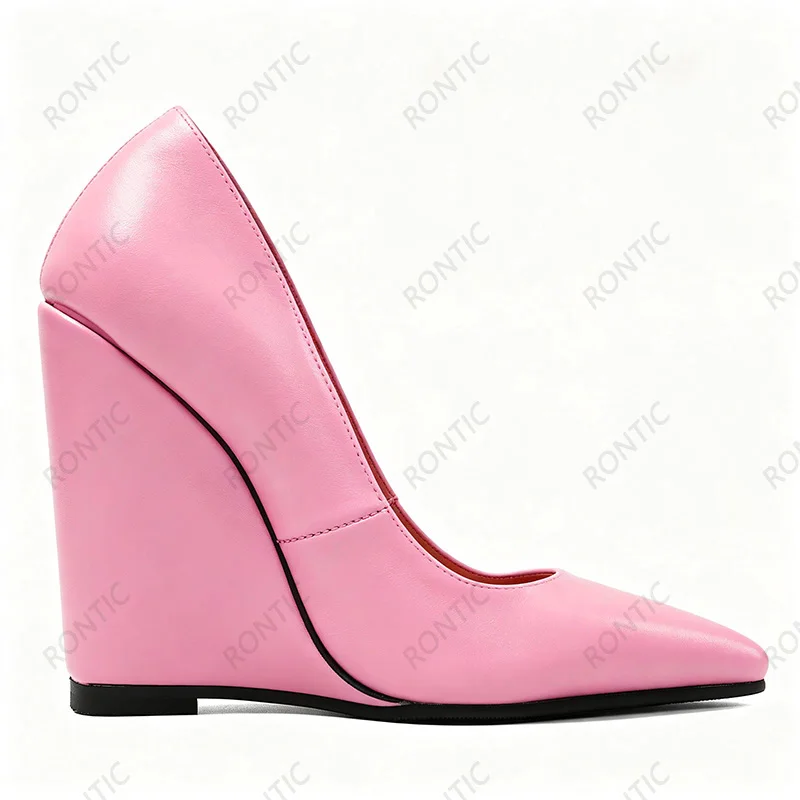Rontic Women Burgundy PU Leather Pointed Toe Wedge Pumps Solid Color Integrated High Wedge Heel Slip On Office Party Dress Shoes