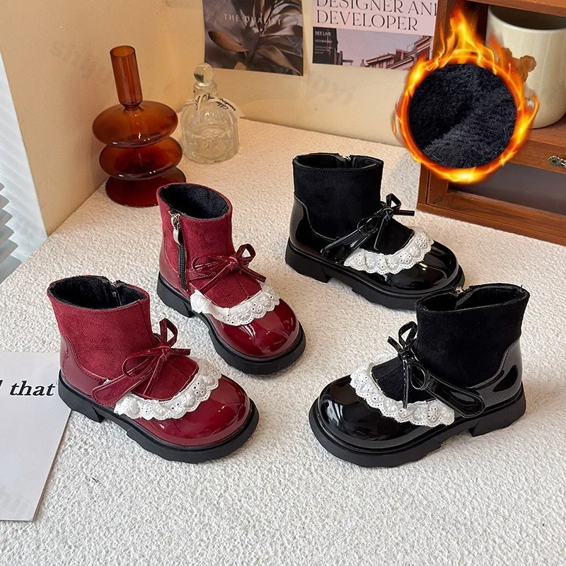 

Girls' Sweet Lace Bow Warm Hairy Short Boots 2025 Winter New Childrens Fashion Versatile Comfortable Plush Non Slip Cotton Boots