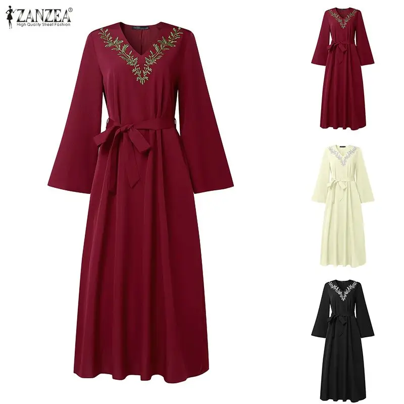 

ZANZEA Elegant Muslim Abaya Dress Women V-Neck Long Sleeve Dresses Embroidered Floral Sundress Belted Robe Ramadan Hijab Vestido