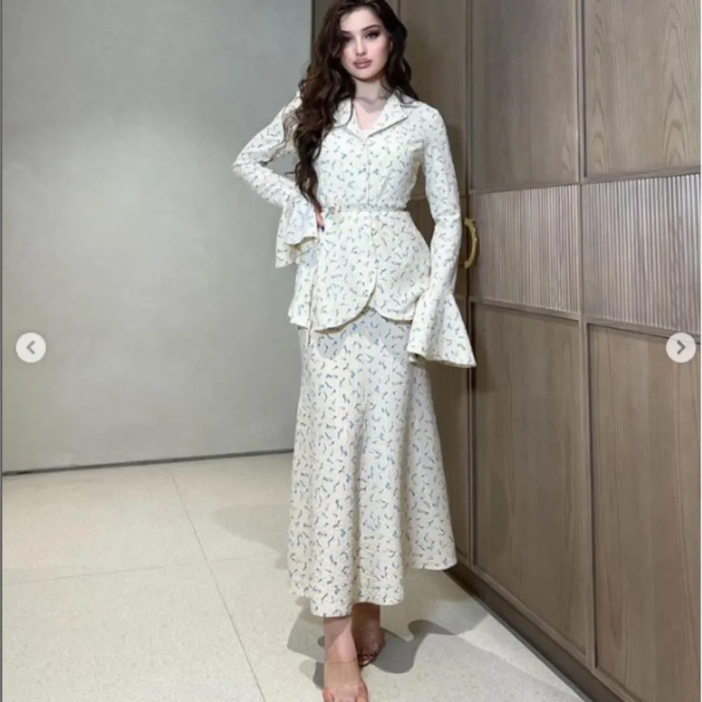 

Spring Autumn New Floral Trumpet Long Sleeve Suit Skirt Women Fashion Slim Elegant Fine Belt Skirt 2 Piece Set Office Female