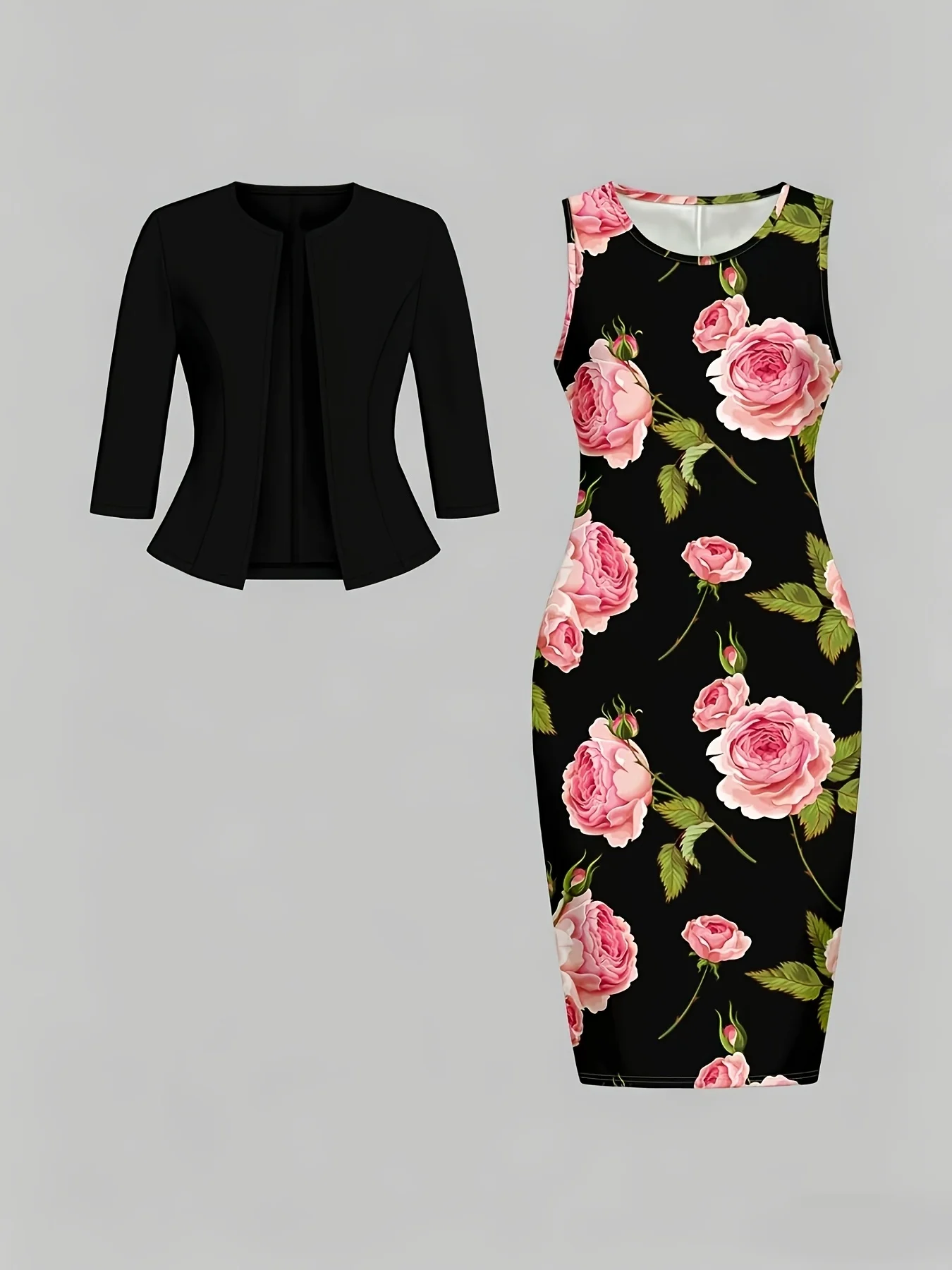 Printed design Casual Style Pink Roses On Black Background Round Neck Tank Dress Set view 3