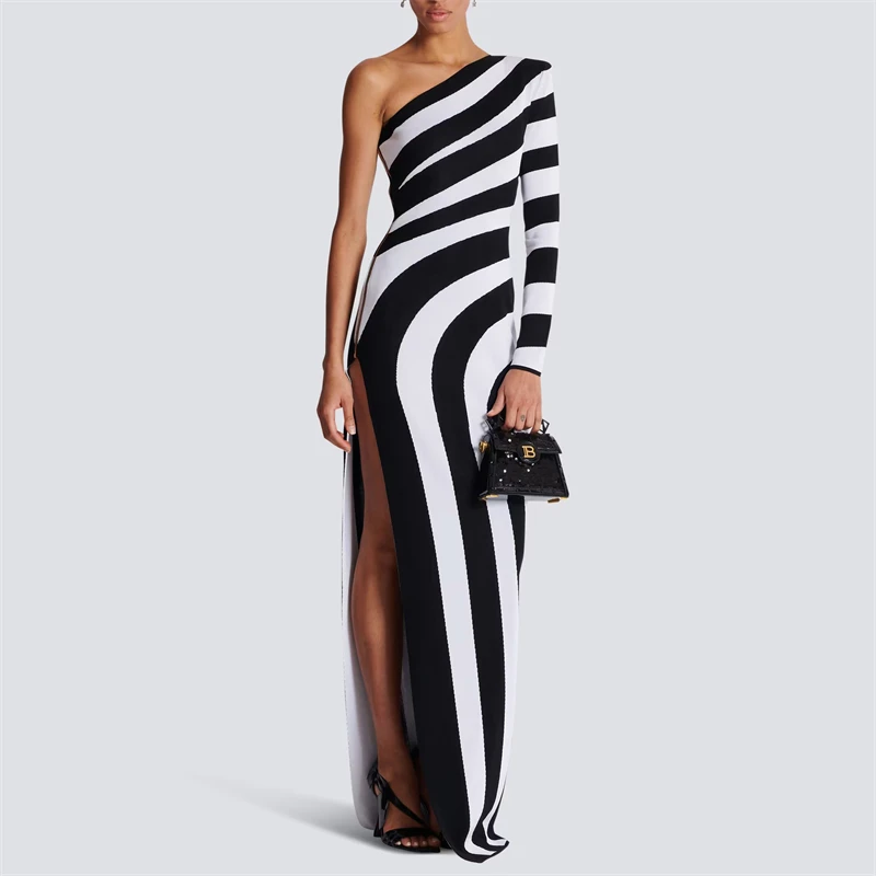 

2024 AutumnWinter new black and white stripes sexy highSlit one-shoulder dress y2k women's fashion casual party dress long dress