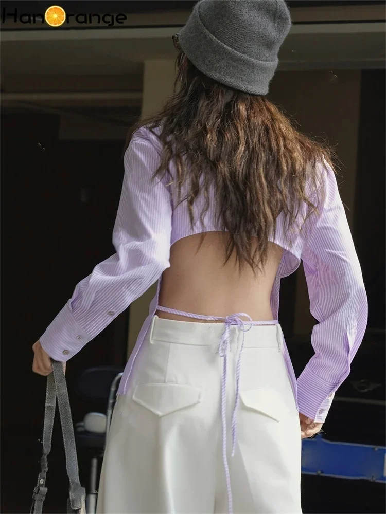 HanOrange 2025 Spring Back Hollowed Out Striped Shirt Women Sexy Silhouette Top Blue/Purple