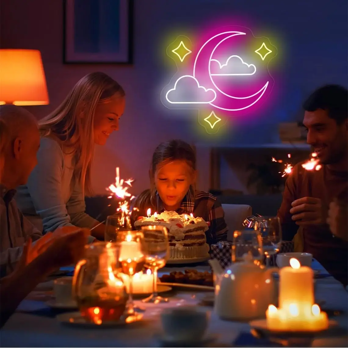 Moon Cloud Stars Neon Sign USB Powered LED Wall Light for Bedroom Kids Room Nursery Cute Kawaii Aesthetic Decor Gift Night Light
