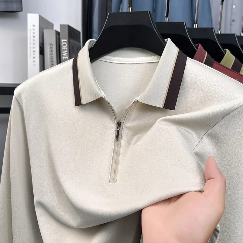 

Высококачественная мужская рубашка-поло контрастного цвета с лацканами и длинными рукавами, осенняя новая изысканная деловая одежда на полумолнии