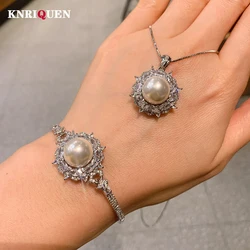 Charms 14mm White Big Pearl Lab Diamond Pendant Necklace Bracelets for Women Wedding Party Jewelry Set Fashion Anniversary Gift