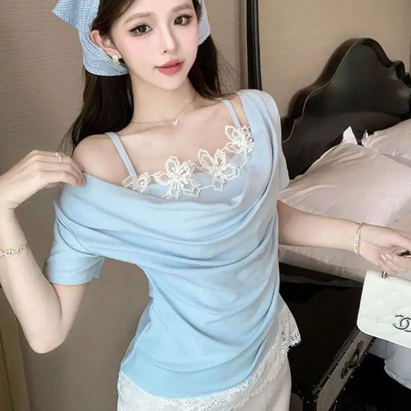 

Lace Trim Spliced ort Sve Tirt Women's Summer 2025 Faionable Ele Sle for Middle-Aged Women