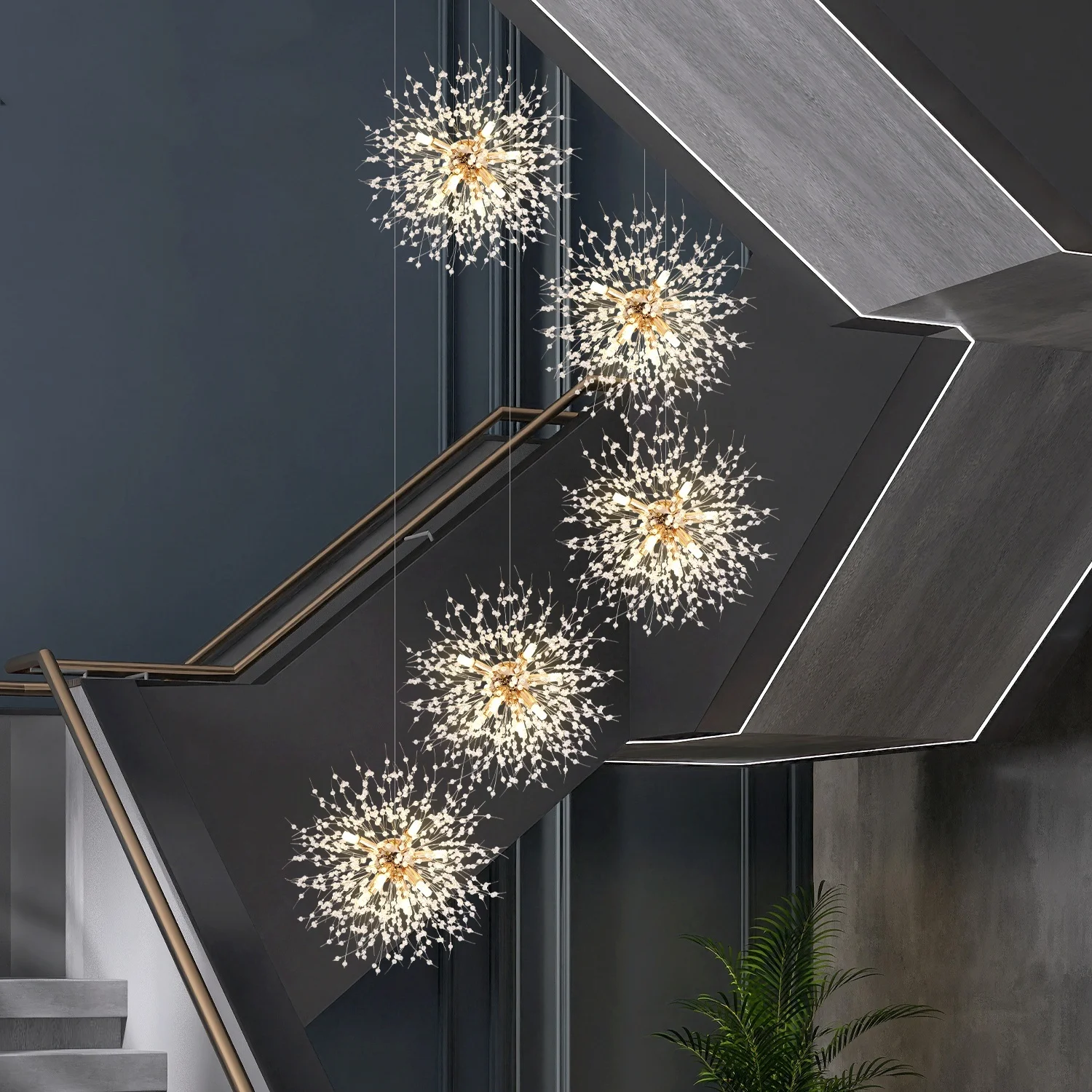 

Modern Firework Chandelier for Staircase Loft Vila Living Room Silver Nordic Long Lustre Hanging LED Sputnik Chandelier Lobby