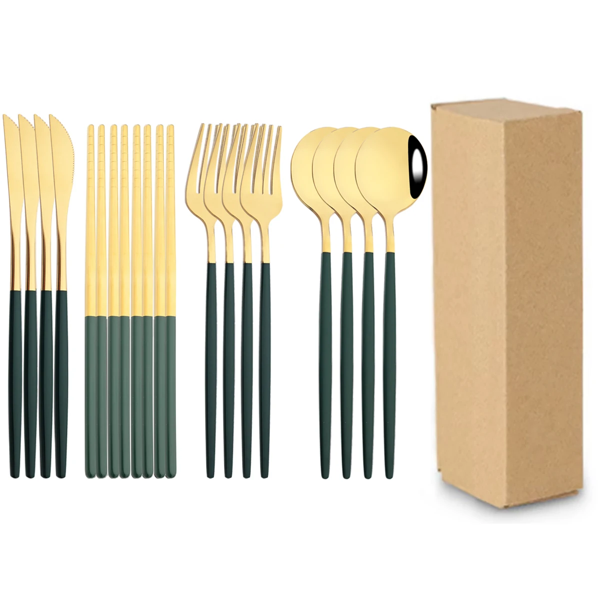 16pcs Green Gold Luxury Dinnerware Set Chopsticks Knife Fork Spoon Cutlery Set Stainless Steel Kitchen Flatware Korean Tableware