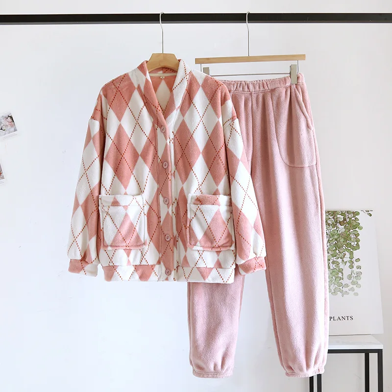 Traje de pijama japonés de otoño e invierno para parejas, ropa de dormir gruesa de franela con cuello en V de dos piezas para el hogar para hombres
