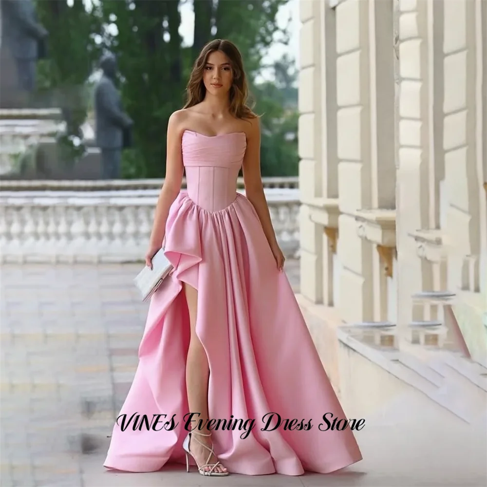 

VINES Pink Sleeveless Prom Dresses with Draped High Slit Formal Dresses A Line Strapless Evening Dresses for Women Customized