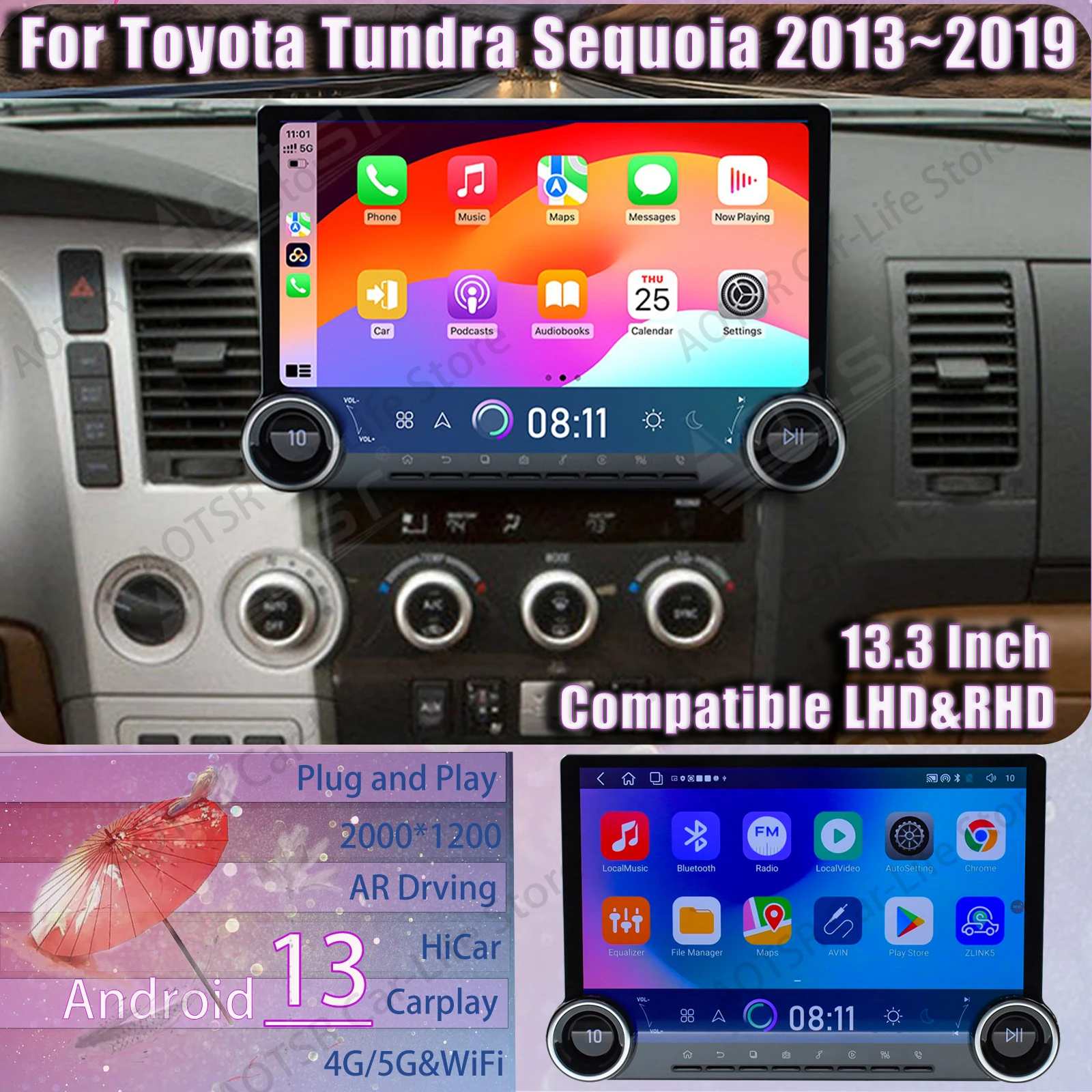 13.3‘’ Car Accessories Android Double Knob Screen For Toyota Tundra Sequoia 2013~2019 Multimedia Player GPS Navigation Head Unit