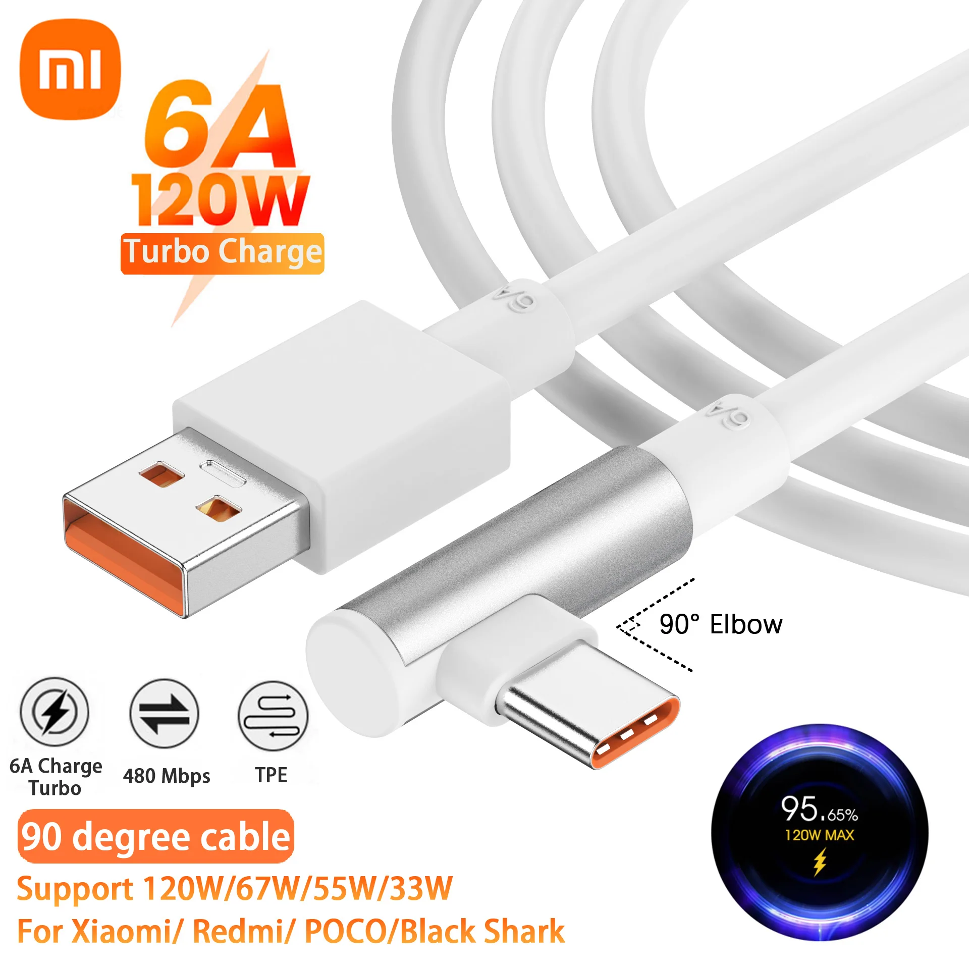 Original Xiaomi 6A Usb Type C Fast Charging Cable 120W 90 Degree Elbow For Mi 11T Pro PoCo F4 GT Redmi Note 11 K50 Black Shark 5