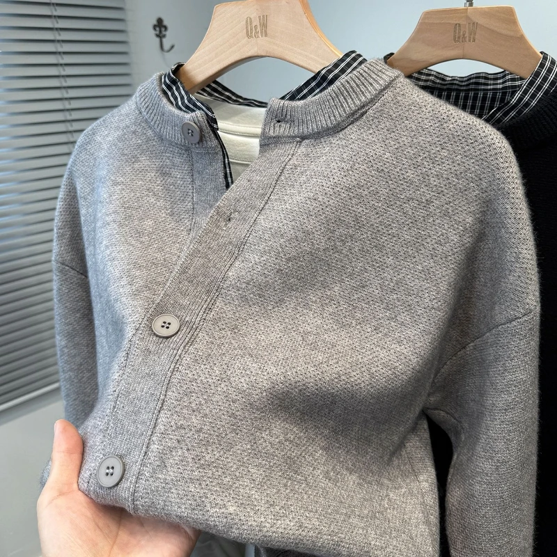 2026 Men's Patchwork Fake Two Piece Cardigan Autumn Winter Thick Knitted Sweater Jacket Lazy Style Casual Outerwear