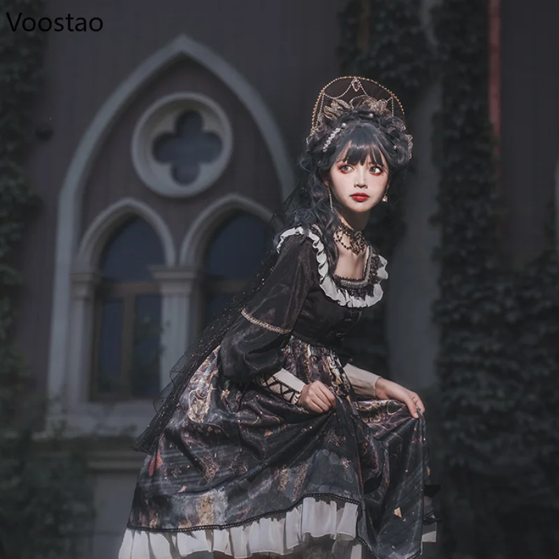 Japanse gothic lolita prinsessenjurk vrouwen vintage victorian dark forest party jurken meisjes harajuku elegante jurk met lange mouwen