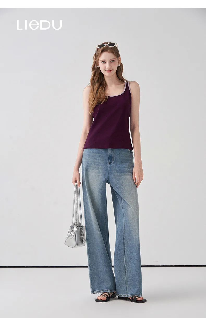 LIEDU Vintage High Waist Wide Leg Baggy Jeans Women Plus Size Slim Fit Washed Raw Hem Denim Pants Korean Fashion Daily Outfit