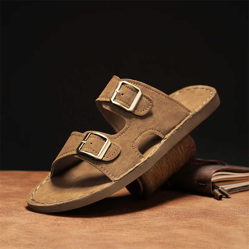 All-match Men's Walking Shoes Big Size Leather Slippers Summer New Soft Soled Slippers Outdoor Men's Slippers Lightweight Flats