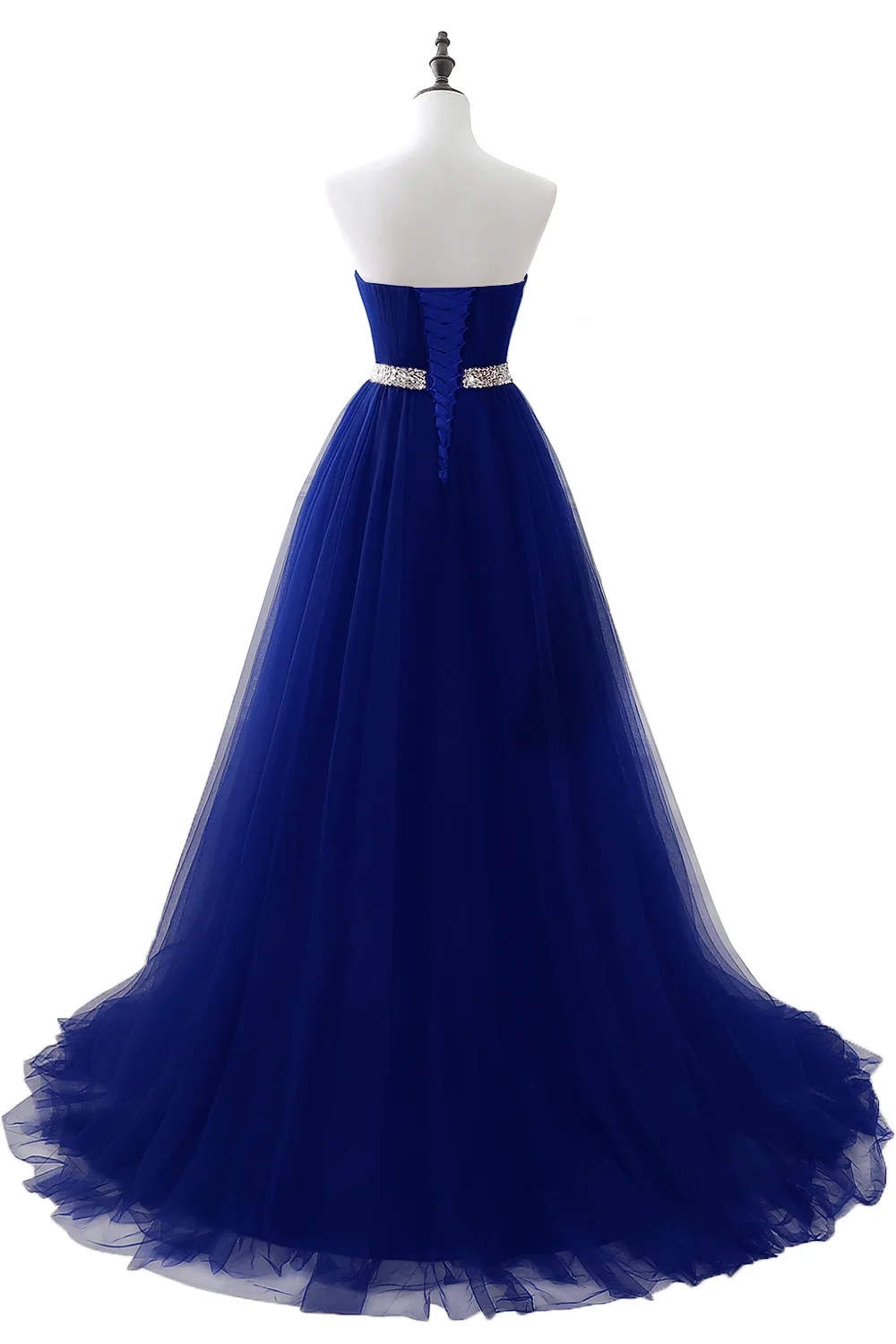 Festa di nozze A-line senza spalline in tulle blu royal abiti da sera con lacci in cristallo con paillettes festa formale per la sposa abito da ballo sexy
