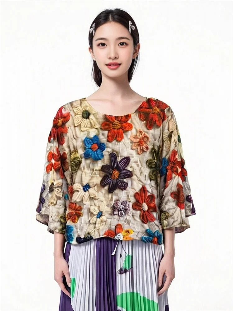 

Miyake Pleated 2025 Fashion Print Loose Pleated Top Women's Autumn New Commuter Versatile Round Neck Batwing Sleeve T-Shirt