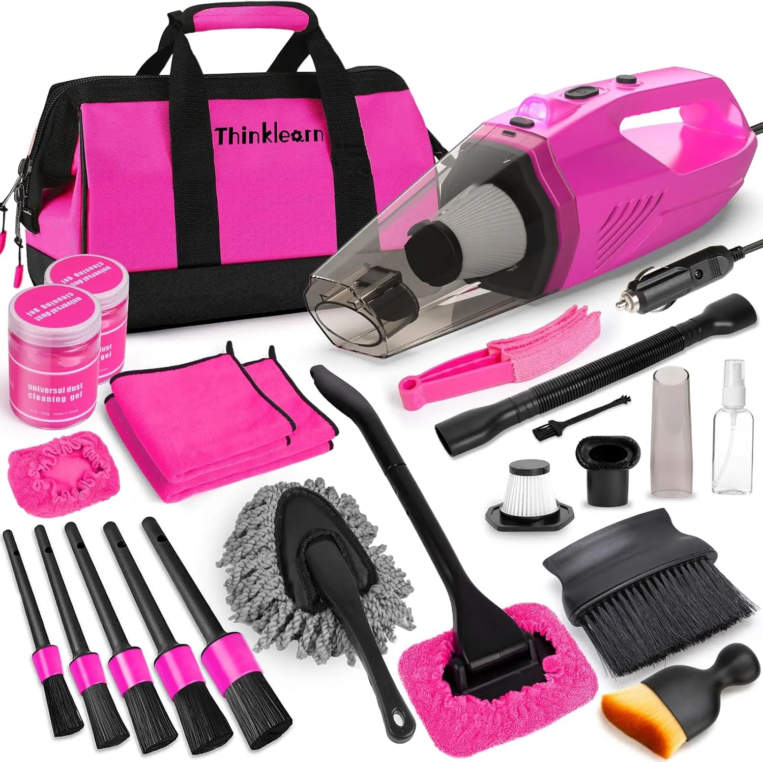 

Car Cleaning Kit with Handheld Vacuum, 7-Piece Detailing Brush Set, Windshield Cleaner - Pink Accessories for Women