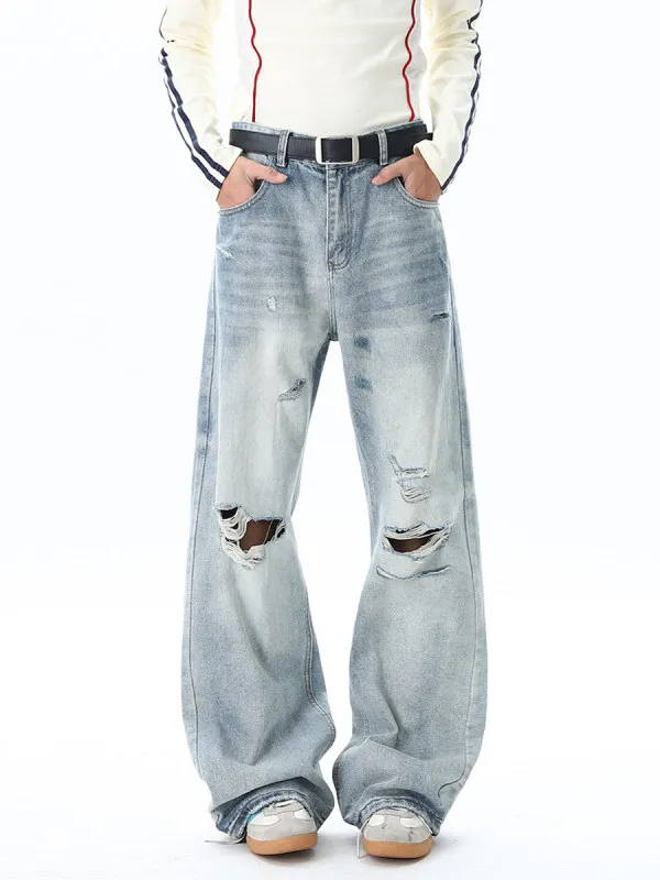 

TANGZ STUDIO Men's And Women's Wide Leg Jeans Spring Faion Brand Waed Denim Pants Slimming Straight Cut Torn Hole Design