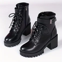 Botas grossas de calcanhar para mulheres, zíper lateral, sapatos com renda, detalhe elegante da alça de fivela, moda sólida, 2023