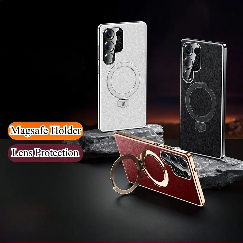 

Чехол для телефона с вращающимся на 360° кронштейном для Samsung Galaxy S25 S24 S23, ультра роскошный простой кожаный защитный чехол-держатель Magsafe для объектива