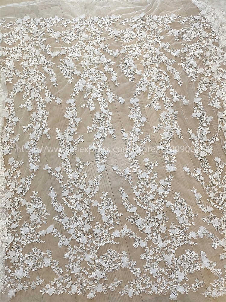 3D Beaded Embroidery Lace Fabric, Laser Chiffon Flowers Applique, Sewing Fabric for Wedding Dresses, Off White, High Quality