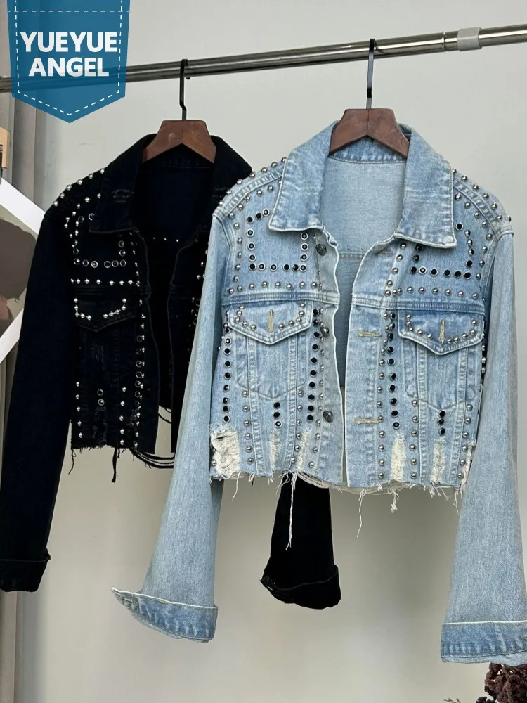 

High Street Women Rivets Studded Hole Ripped Denim Jacket Single Breasted Casual Outwear Coat Spring Autumn Female Cowboy Jacket