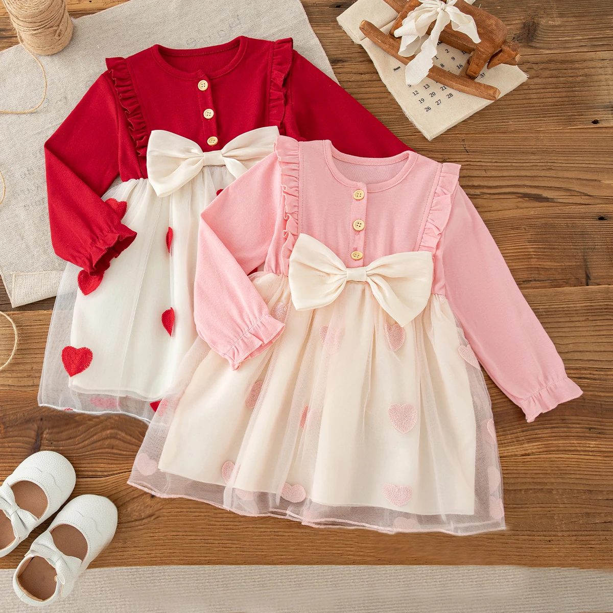 Autumn New Sweet Bow Baby Girl Princess Dress Heart-Shaped Embroidered Chiffon Children'S Clothing (9 Months -4 Years Old)