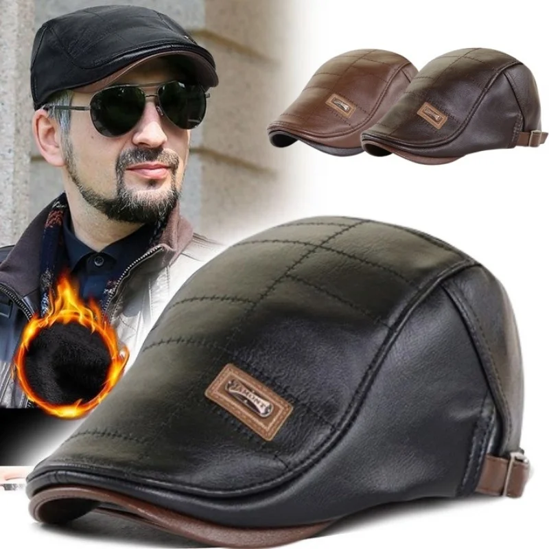 Männer Retro Pu Leder Newsboy Caps mit Buchstaben Kennzeichnung Britische Maler Hüte Herbst Seite Einstellbare Flache Kappe Hip Hop Berets