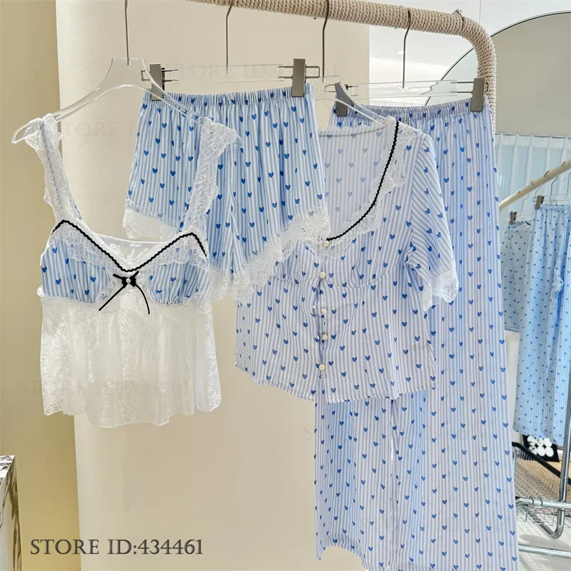 Sexy Hollow Out Lace Lingerie 4PCS Pajamas Set Sweet Women's Sleepwear Strap Top&shorts Pijamas Suit Silk Satin Homewear Pyjamas