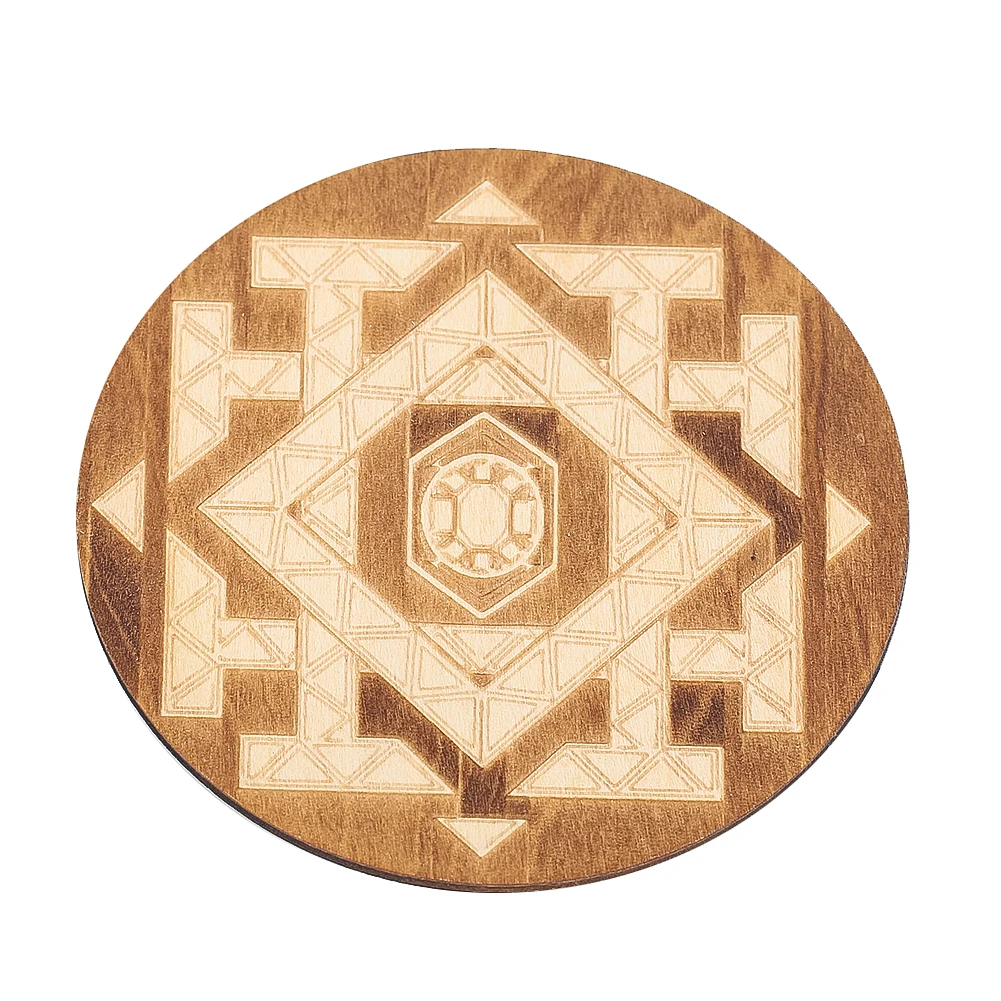 10cm Laser Carving Geometry Quadrilateral Blocks Round Wood Coaster Insulation Mats Pads Wiccan Pendulum Plank Board Props