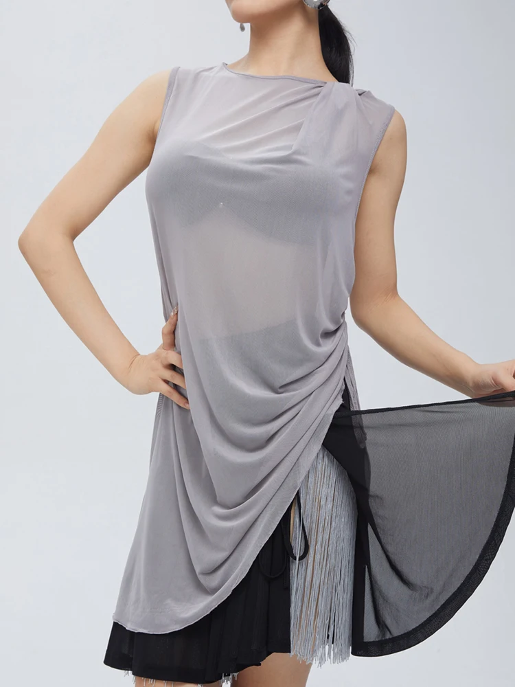 2025 High-End Latin Dance Performance Costumes For Women Drawstring Top Double-Layer Mesh Tassel Skirt Latin Dance Wear DQS19371
