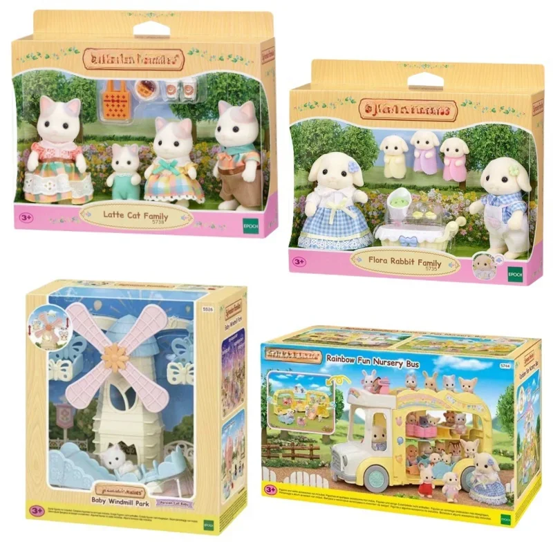 Genuine Sylvanian Anime Sky Castle Cloud Rainbow Train Polar Bear Family Cute Milk Rabbit Family Doll Birthday Gift Toy