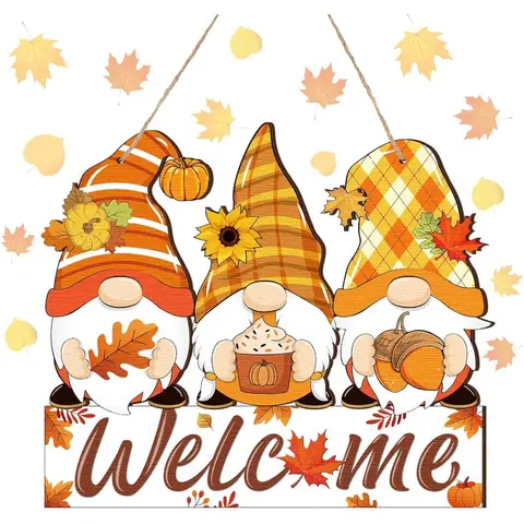 Autumn Harvest Gnome Decor - Thanksgiving Wood Welcome Sign for Front Door, Porch or Farmhouse Style Home Display Decoration