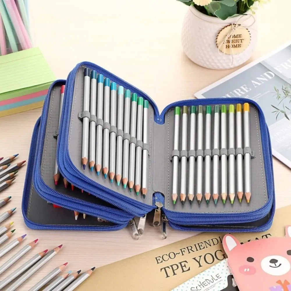 

Multifunction 2/3/4 Layers Colored Pencil Bag 32/52/75 Holes Square Pencils Case Solid Color Smooth Zipper Pen Pouch Drawing