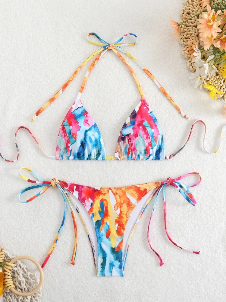 

Bikini Women Swimsuit 2025 New Pink Print Halter Bikinis Set Sexy Lace Up Swimwear Summer 2 Piece Beachwear Bathing Suit Female