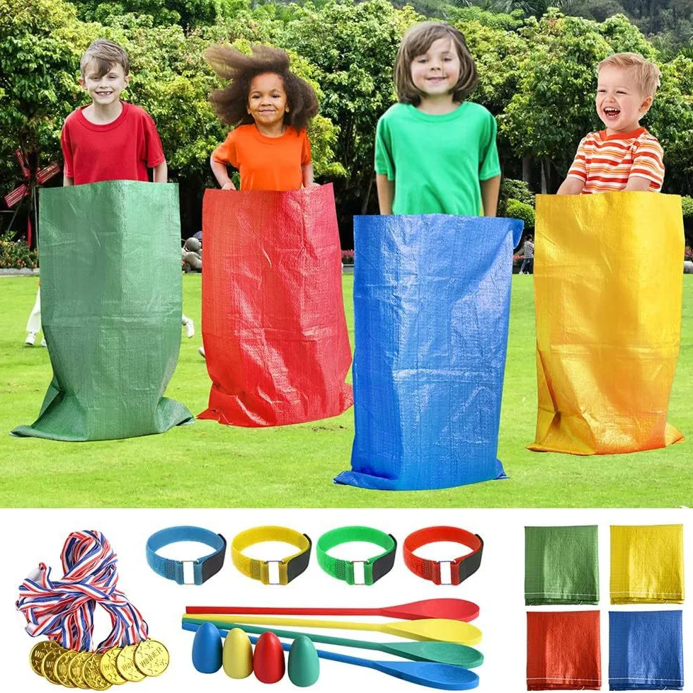 Juego de carreras clásicas para niños: bolsas de saco, bandas de tres patas y huevos y cuchara de madera para entrenamiento de integración sensorial