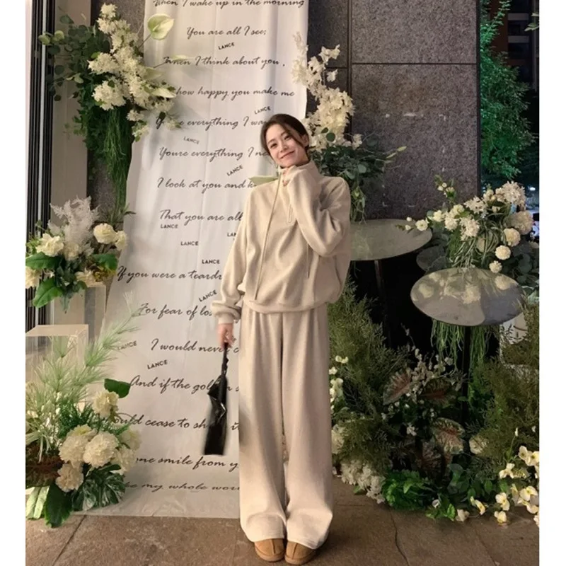 여성용 스웨트셔츠 팬츠 세트 투피스 스탠드 칼라 후드 와이드 레그 팬츠 풀 렝스 트라우저 솔리드 루즈 포켓 캐주얼