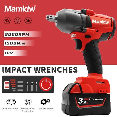 

Mamidw Brushless 1200N.m Impact Wrench Cordless Driver Large Torque Variable Speed Electric Wrench For Milwauk 18V Battery, No B