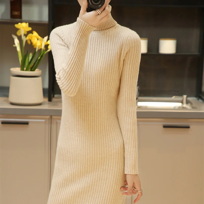 2022 New 100% Pure Wool Sweater Dress For Women Knee-length Solid Turtleneck Pullover High Elastic Straight Cozy Slim Dresses