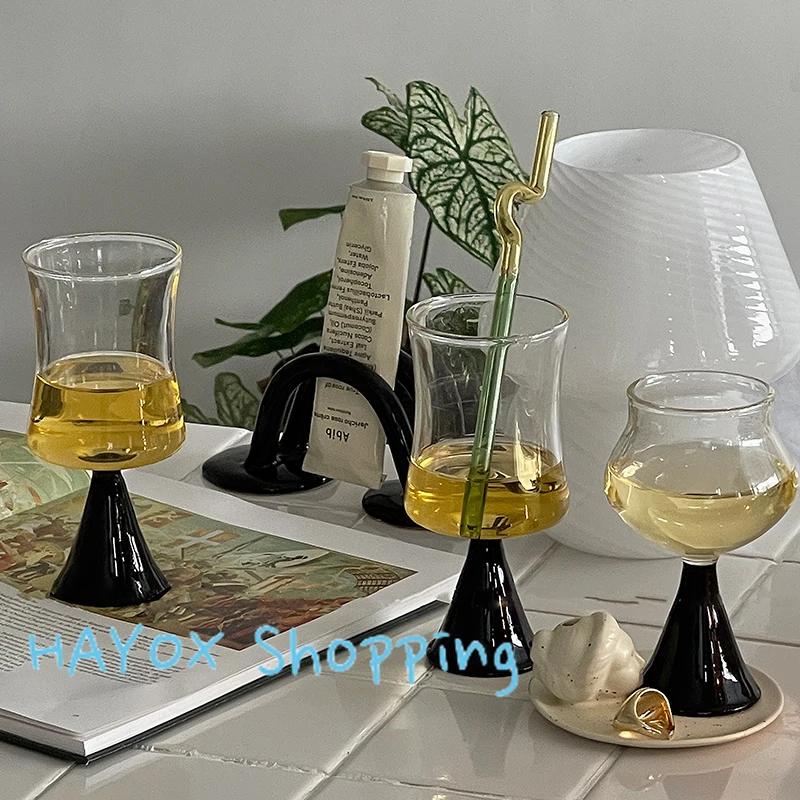 

Vintage Transparent Colorblock Glass Champagne Glass Nordic Entry Luxury Creative Wine Glass Black Round Household Goblet