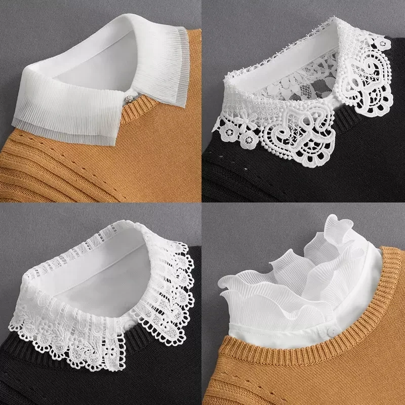 Fashion 2024 New Fake Collar Shirt Women White Black Lace Collars Detachable For Women Blouse Lapel Shirt False Collar Woman