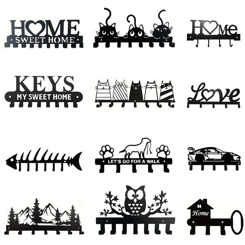 Black Metal Wall Mounted Key Holder Hooks With Cute Cartoon Patterns Perfect For Entryway Hallway Home Decor Storage Organizer
