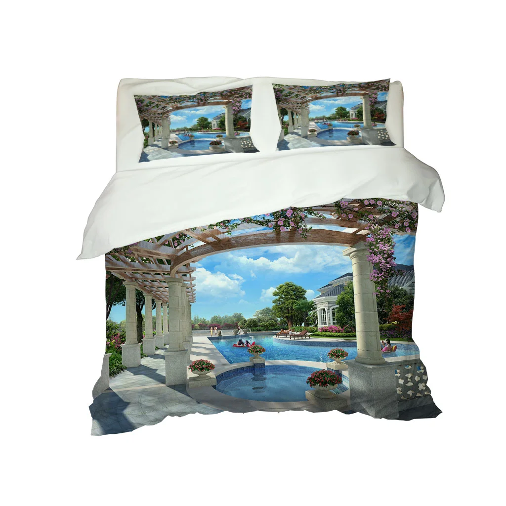 HUANZHUANG Bedding Sets 3D Digital Printing Custom Blue Garden Pool 3 Piece Quilt Duvet Cover Set Home Queen King Quilt Pillowca