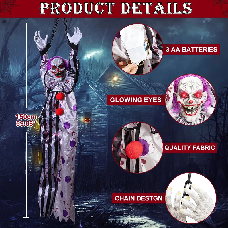 Halloween Animatronic Hanging Decoration Horror Electric Animated Talking Scary Clown with Chain Red Eyes Sound &Touch Activated